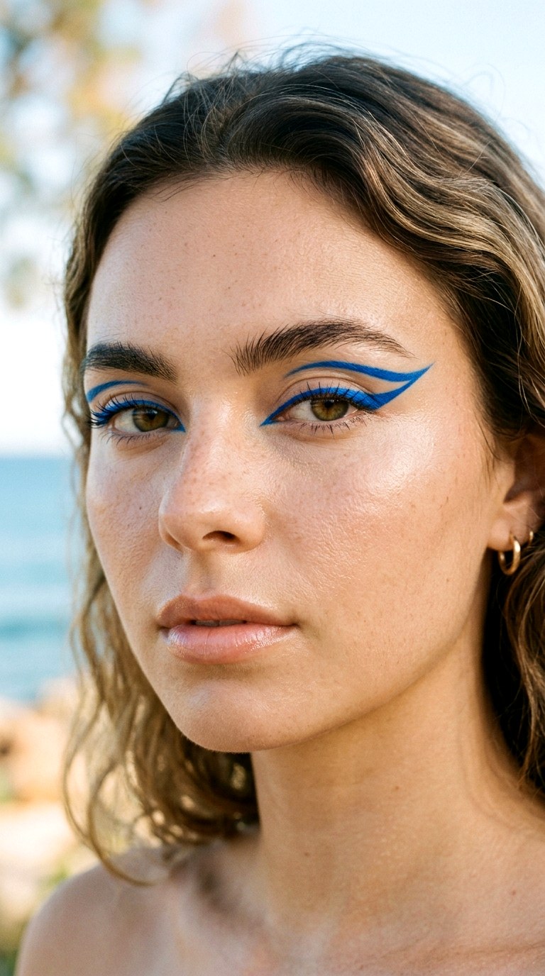 Ocean Blue Graphic Liner - 21 Summer Colorful Eye Makeup 2026 Ideas