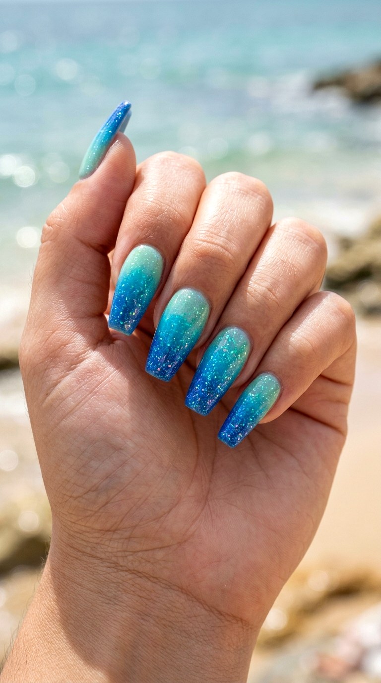 Ocean Blue Multi Ombre Waves - 25 Spring Break Multicolor Acrylic Nails
