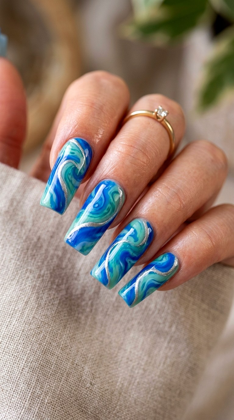 Ocean Wave Abstract - 26 Vacation Summer Multicolor Acrylic Nails