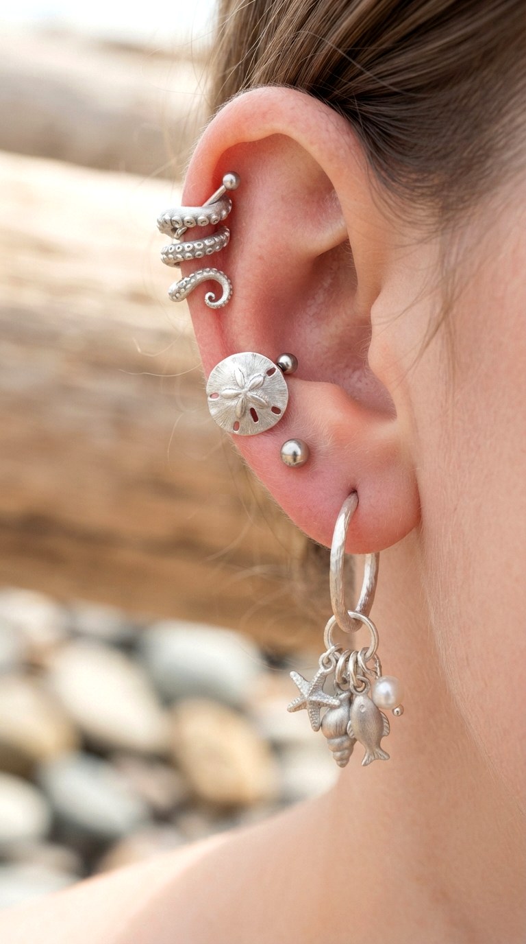 Oceanic Charm Drop Mix - 23 earring stacks silver
