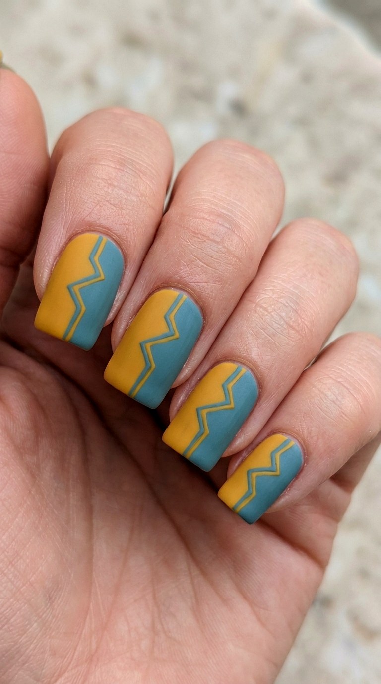 Ochre and Dusty Teal Color Block Halves - 23 Geometric Spring Two Colored Nails