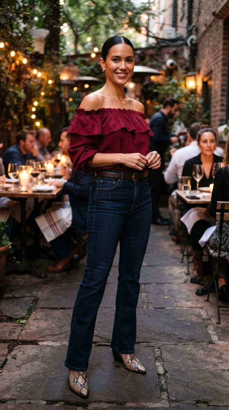 Off Shoulder Ruffle Top with Bootcut Western Chic Outfit - 29 western chic outfits