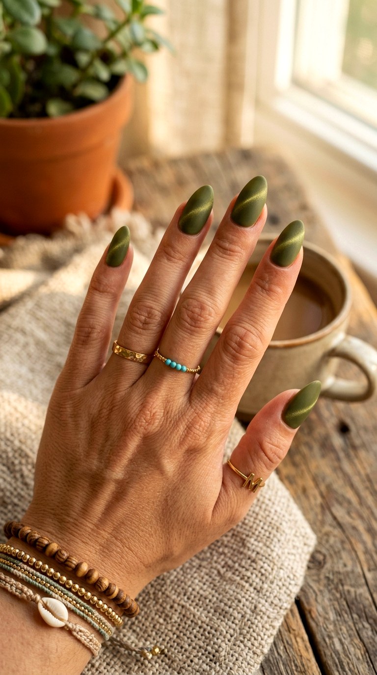 Olive Green Matte Cat Eye Nails - 22 Summer Minimal Matte Cat Eye Nails Ideas