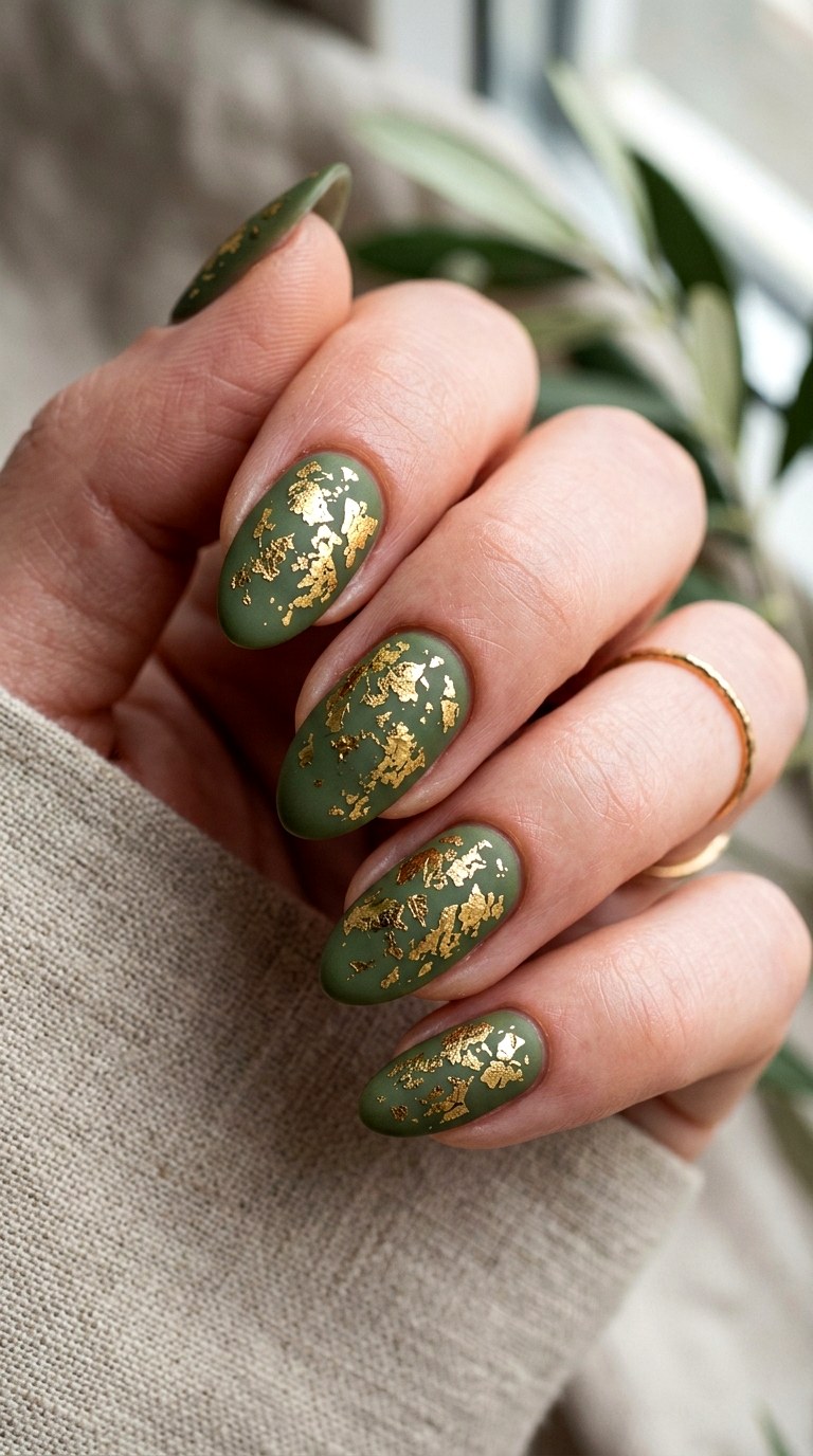 Olive Green and Gold Foil - 22 Minimalist Spring Two Colored Nails