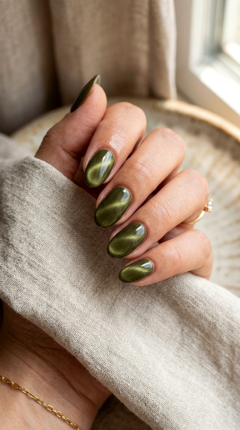 Olive Silk Cat Eye Nails - 23 Summer Soft Green Shimmer Cat Eye Nails Ideas