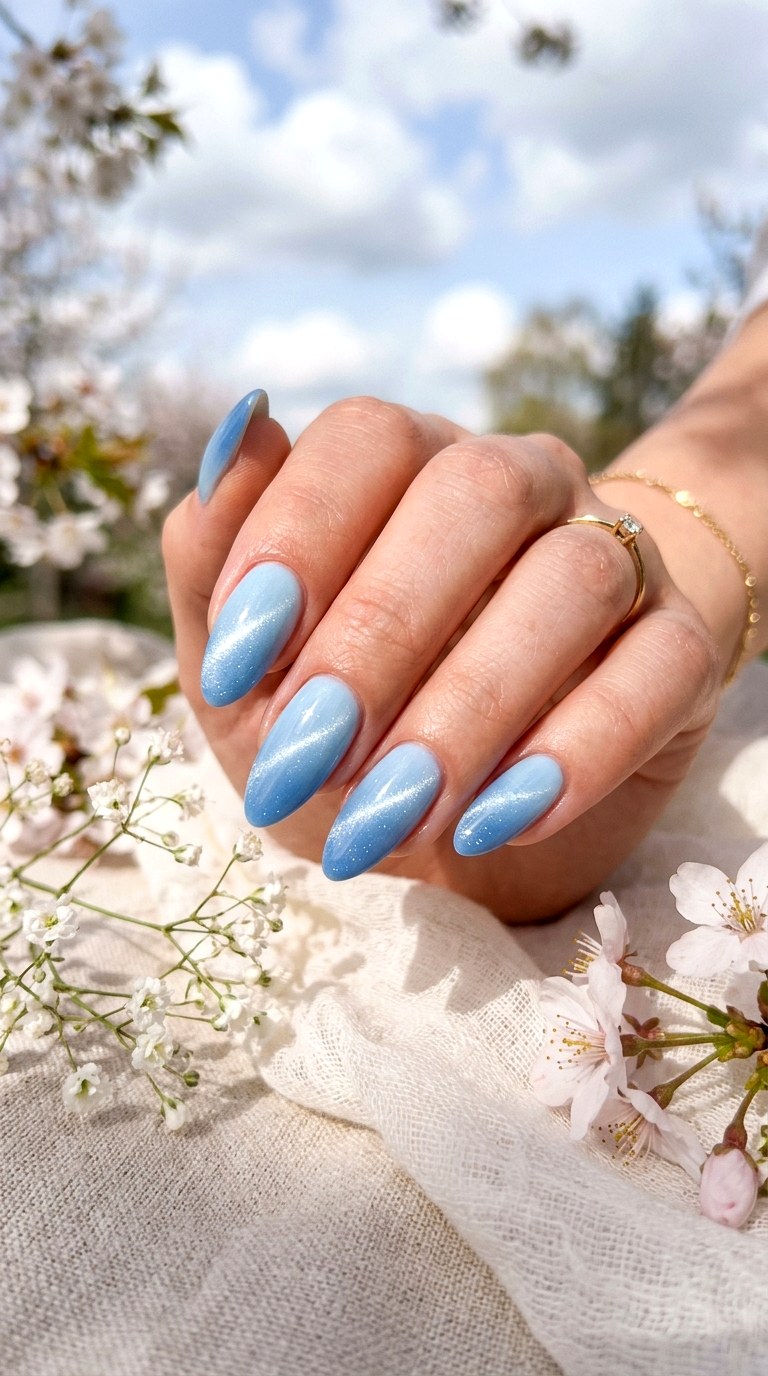 Ombre Baby Blue Cat Eye Nails - 20 Spring Baby Blue Cat Eye Nails Ideas