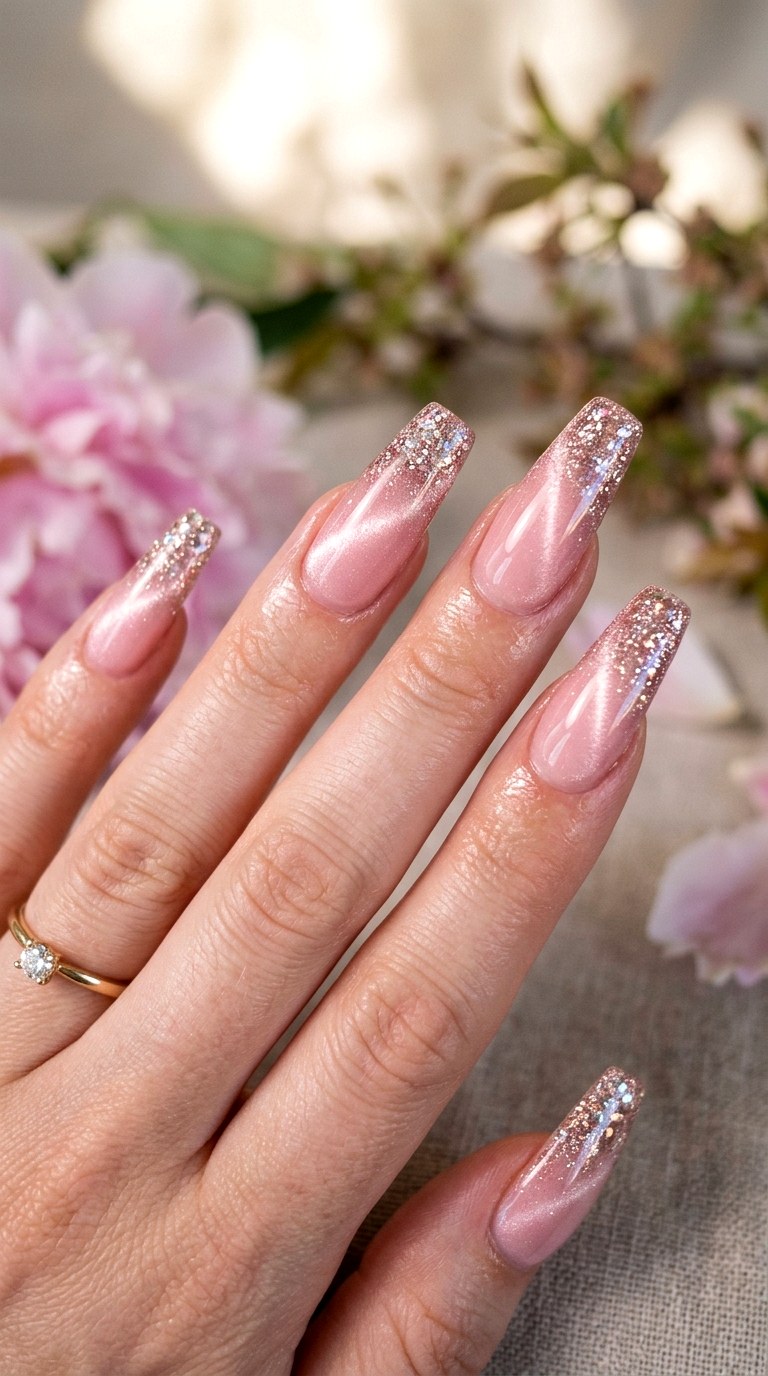 Ombre Blush Cat Eye with Glitter Fade - 20 Spring Blush Cat Eye Nails with Glitter Ideas