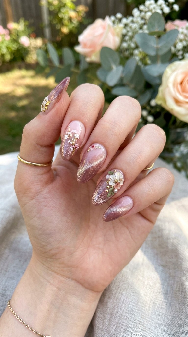 Ombre Cat Eye Nails with Floral Embellishments - 25 Summer Floral Cat Eye Nails Ideas