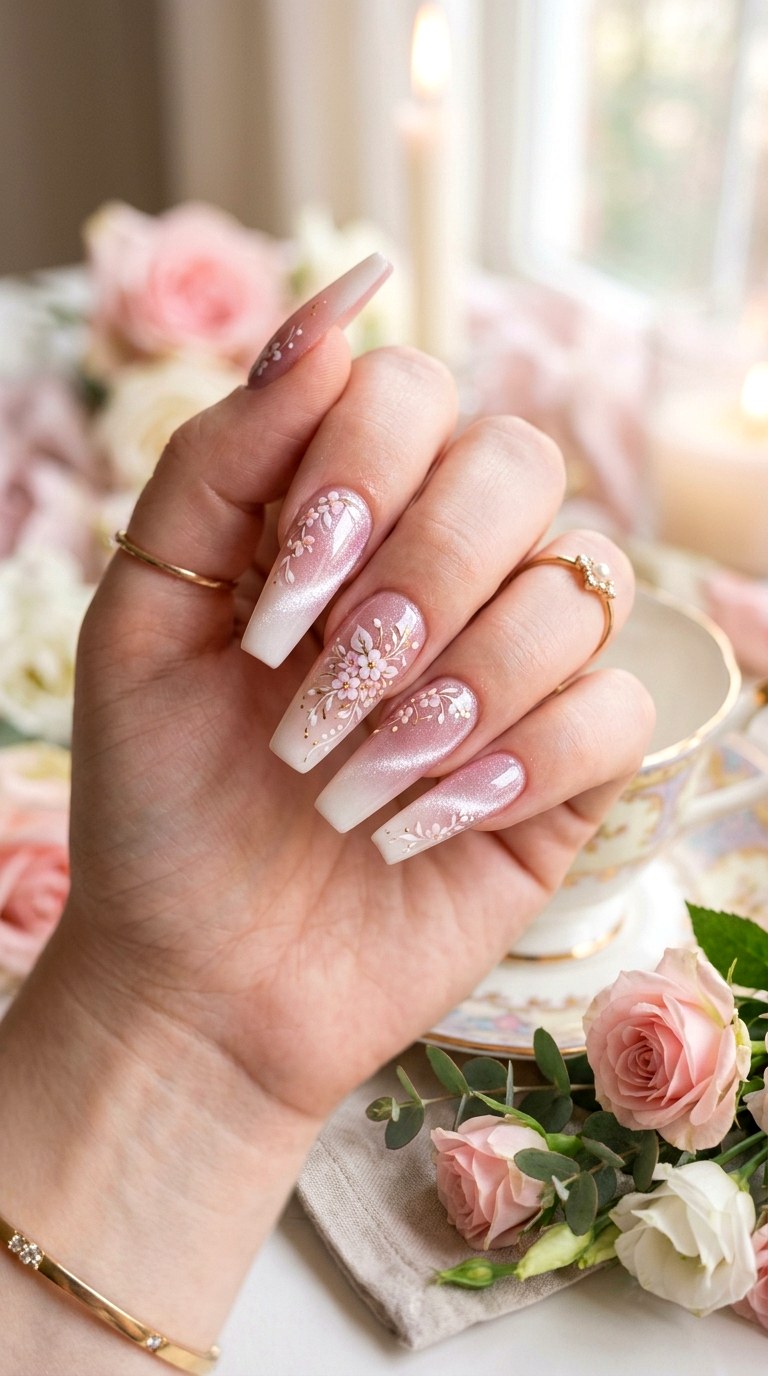 Ombre Floral Cat Eye Nails - 20 Spring Floral Cat Eye Nails Ideas