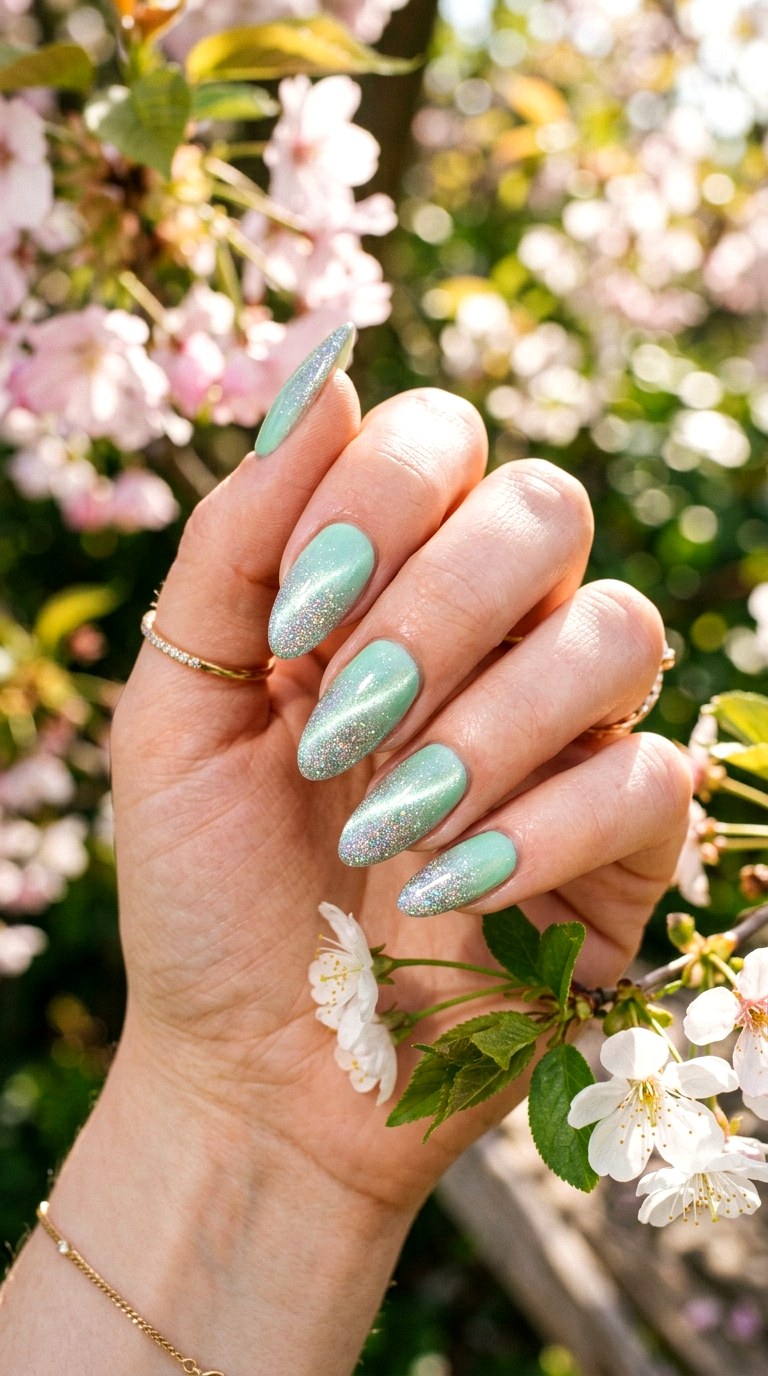 Ombre Mint Cat Eye with Sparkle Tips - 20 Spring Mint Green Cat Eye Nails with SparkleIdeas