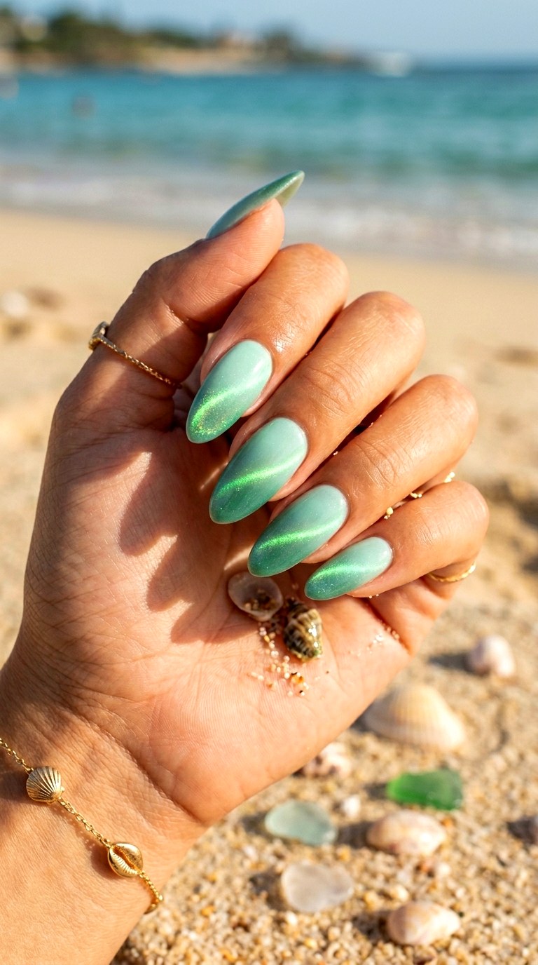 Ombre Mint Green Cat Eye Nails - 23 Summer Mint Green Cat Eye Nails with Sparkle Ideas