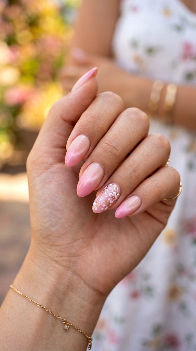Ombre Nude to Pink Cat Eye with Floral Highlights - 22 Summer Glossy Floral Cat Eye Nails Ideas