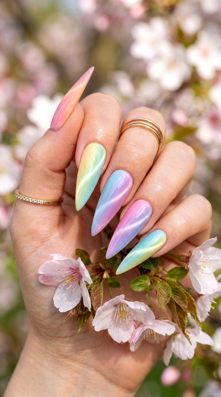 Ombre Pastel Rainbow Cat Eye Nails - 20 Spring Pastel Rainbow Cat Eye Nails Ideas