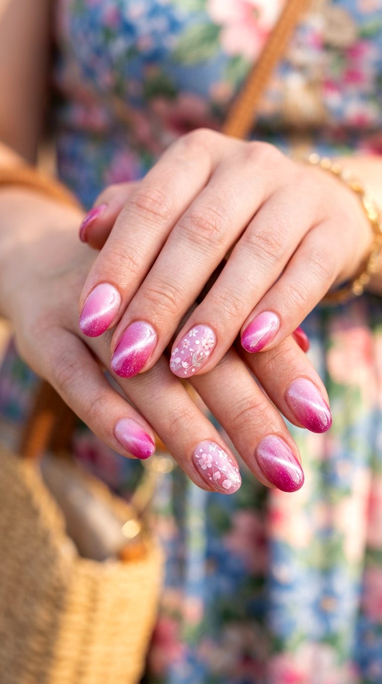 Ombre Pink Cat Eye with Floral Accents - 22 Summer Glossy Floral Cat Eye Nails Ideas