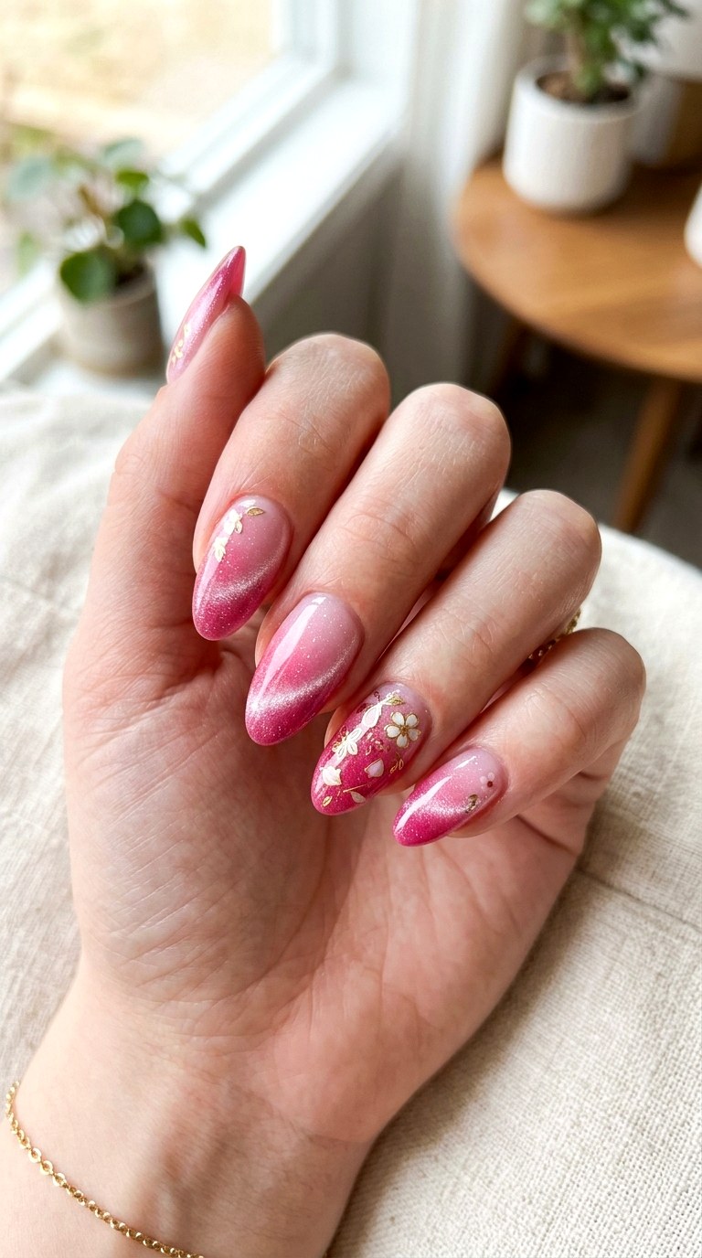 Ombre Pink Cat Eye with Floral Stickers - 25 Summer Floral Cat Eye Nails Ideas