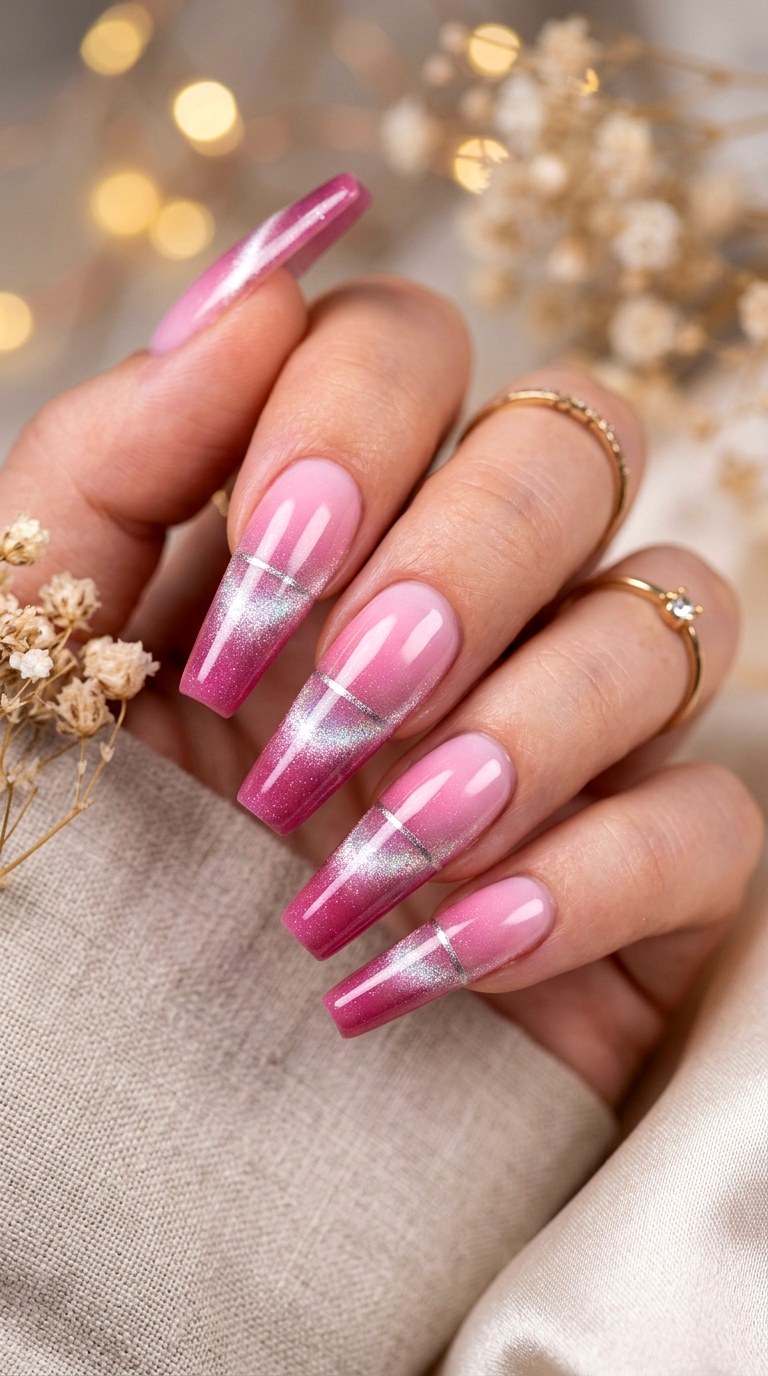 Ombre Pink Cat Eye with Horizontal Shimmer Line - 22 Summer Pink Cat Eye Nails with Shimmer Line Ideas