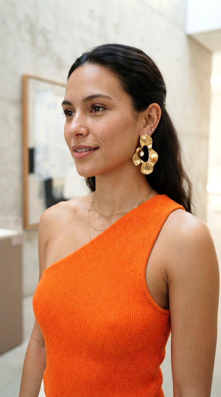 One Shoulder Asymmetric Edge - 28 orange tank top