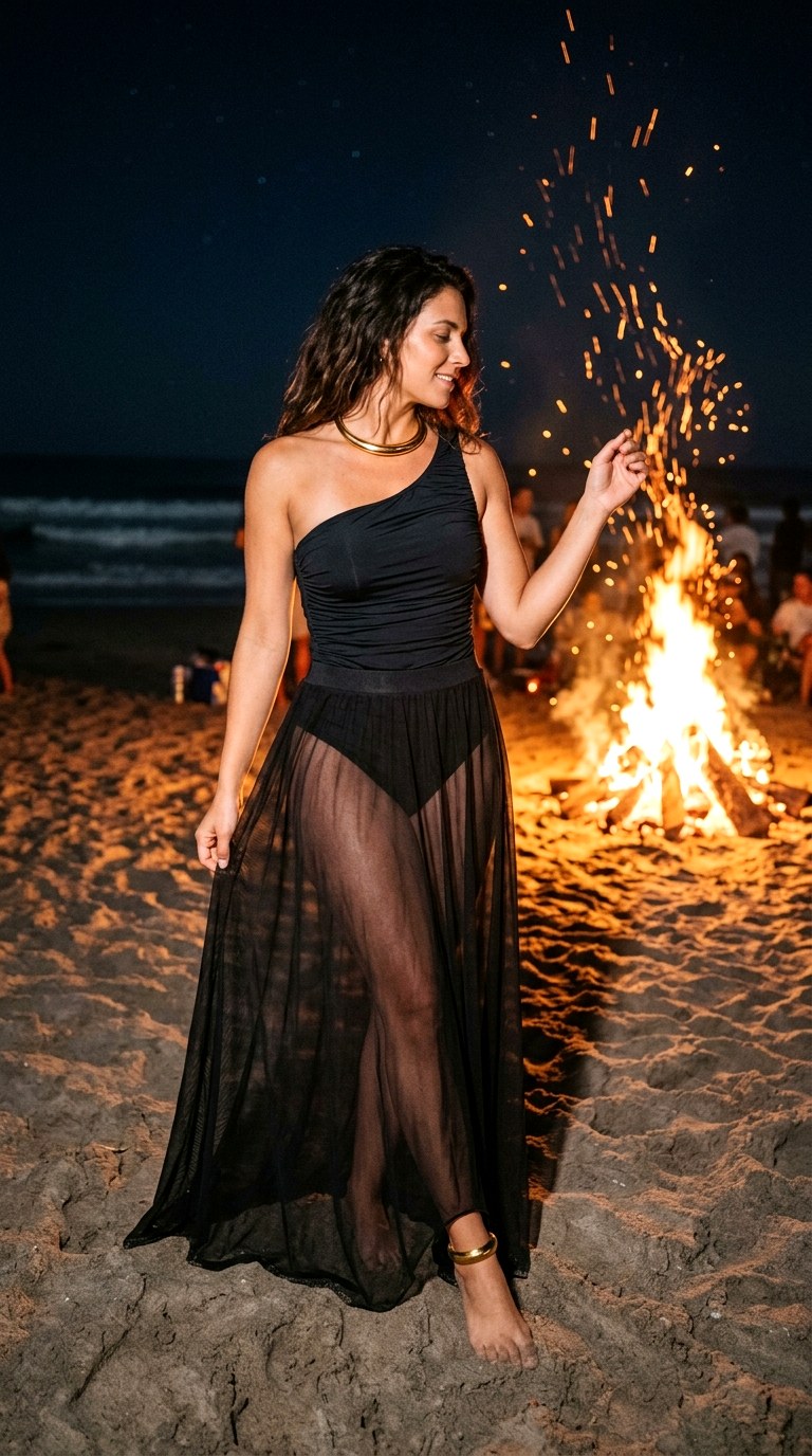 One Shoulder Ruching Maillot And Mesh Maxi Skirt - 22 island vacation outfits