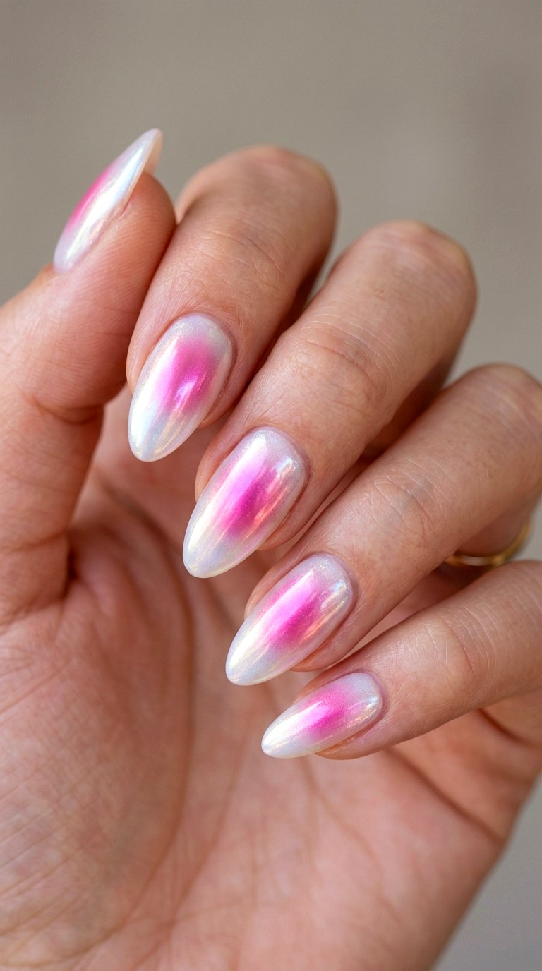 Opalescent White and Pink Chrome Aura - 28 Stylish Spring Two Colored Nails