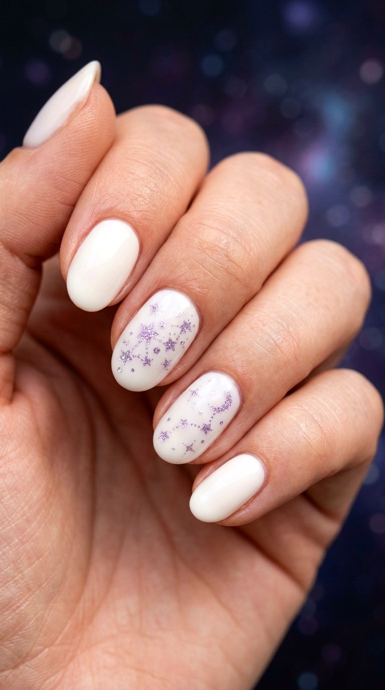 Opaque White and Glittering Lavender Stars - 24 Classy Spring Two Colored Nails
