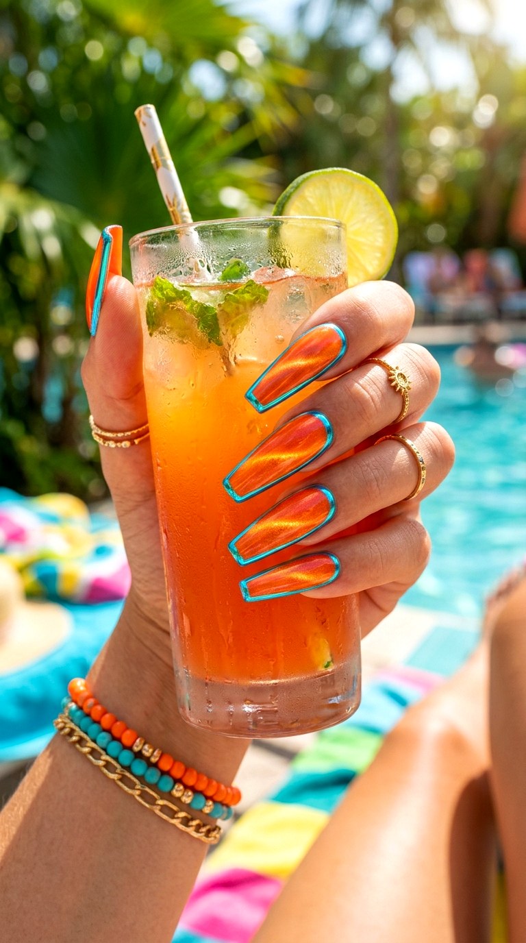 Orange Cat Eye with Neon Chrome Outline - 22 Summer Chrome Outline Cat Eye Nails Ideas