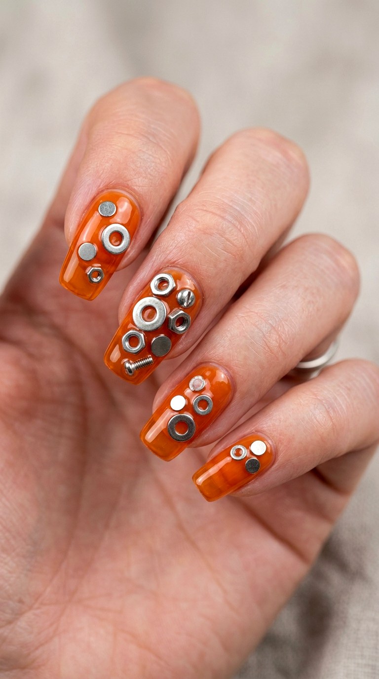 Orange Soda Jelly with Silver Hardware - 23 Contrast Spring Colorful Junk Nails