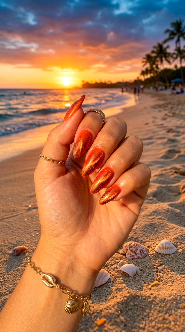 Orange and Bronze Sunset - 26 Summer Dual-Tone Magnetic Cat Eye Nails Ideas