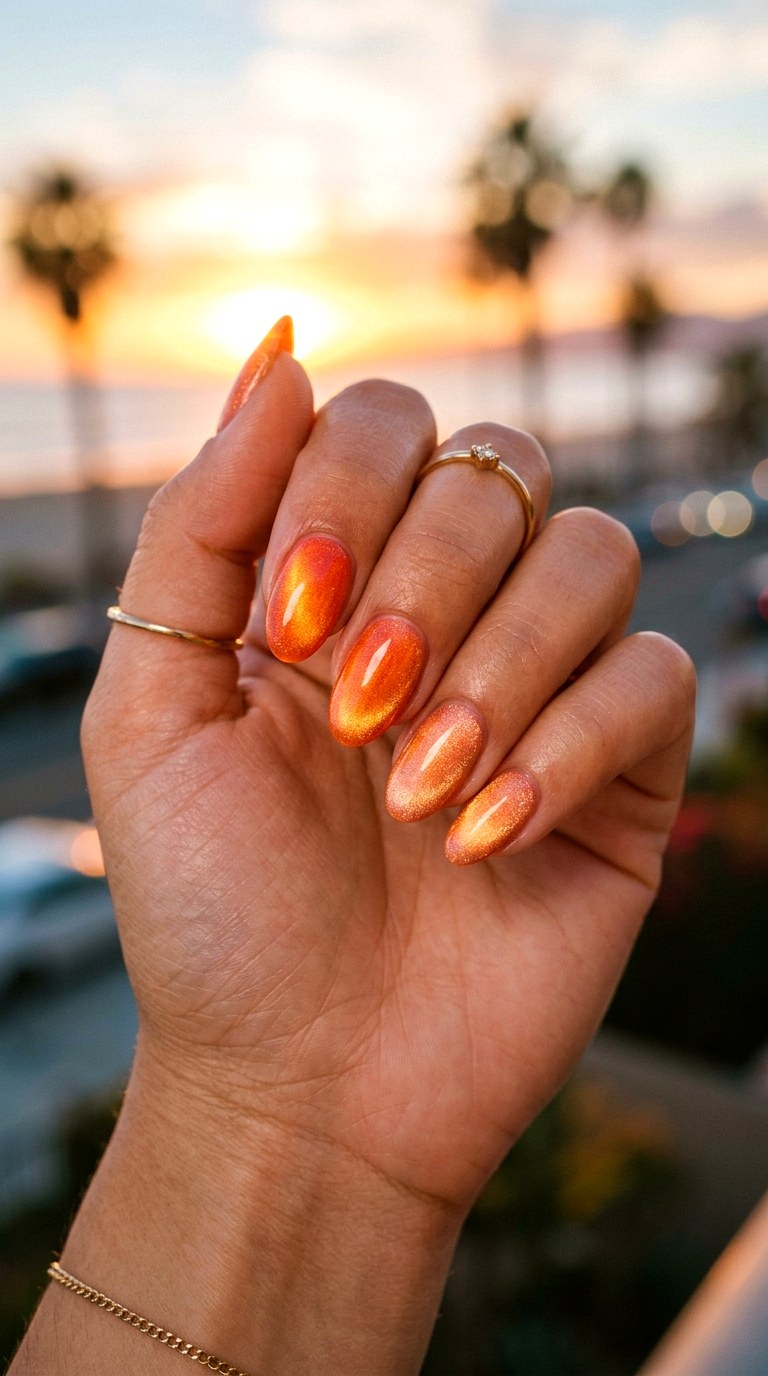 Orange and Peach Sunset Blend - 20 Spring Dual-Tone Magnetic Cat Eye Nails Ideas