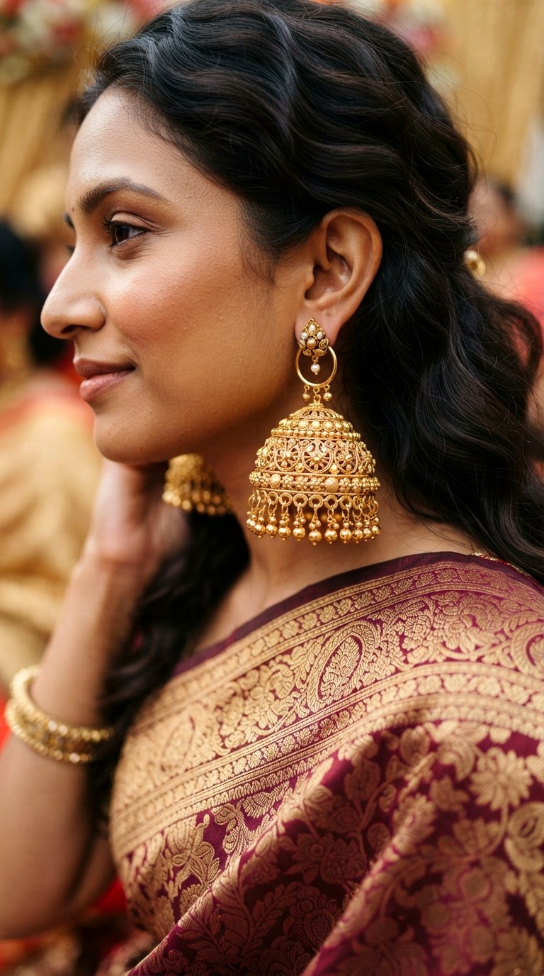 Ornate Jhumki Bells - 22 gold dangle earrings