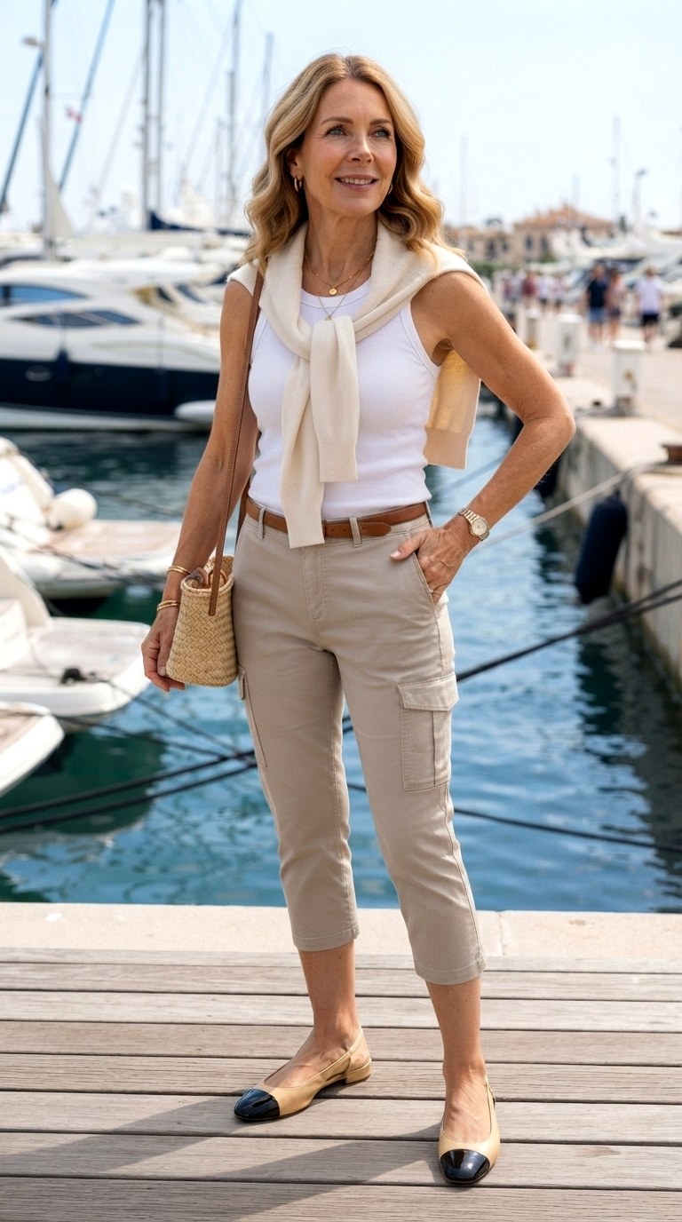 Over the Shoulder Cashmere Drape With Cargo Capri - 27 cargo capris outfit