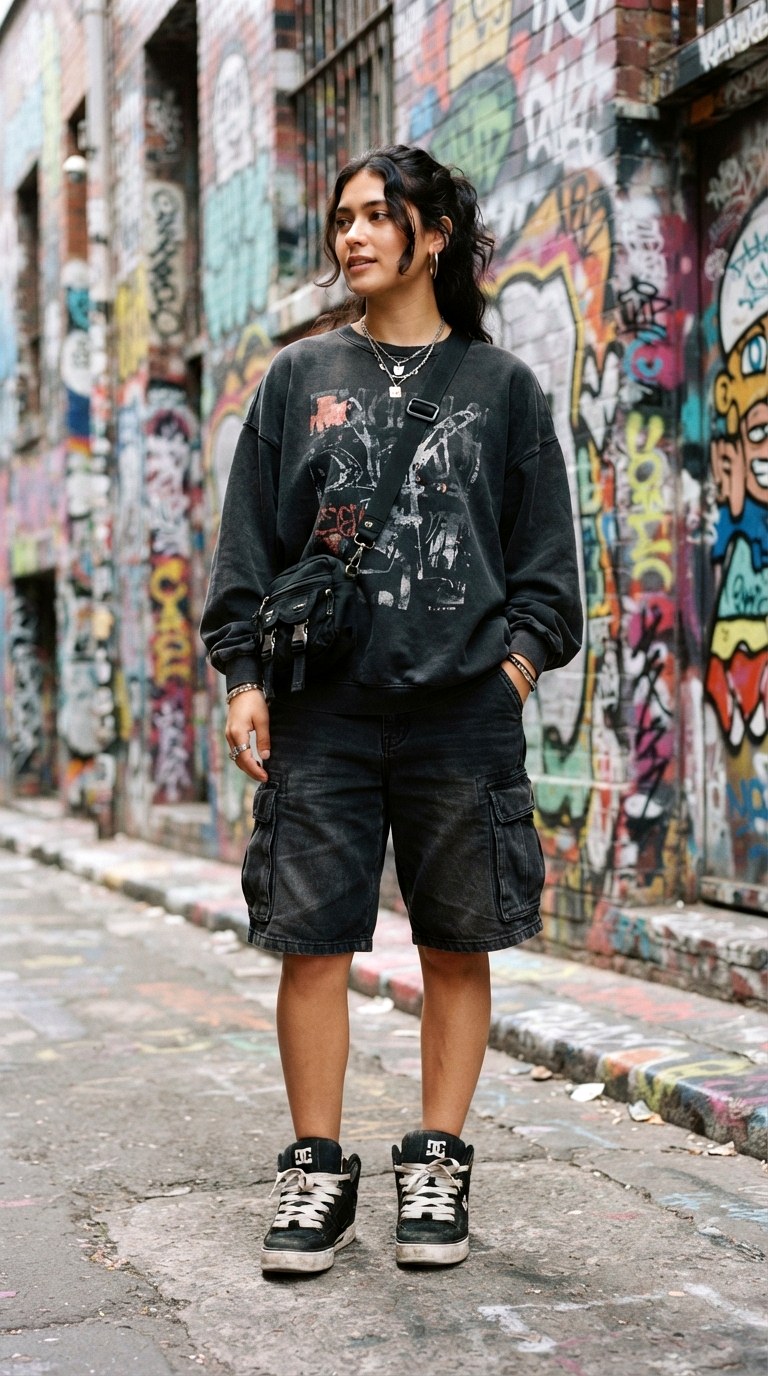 Oversized Graphic Sweatshirt With Cargo Shorts - 23 cargo shorts outfit