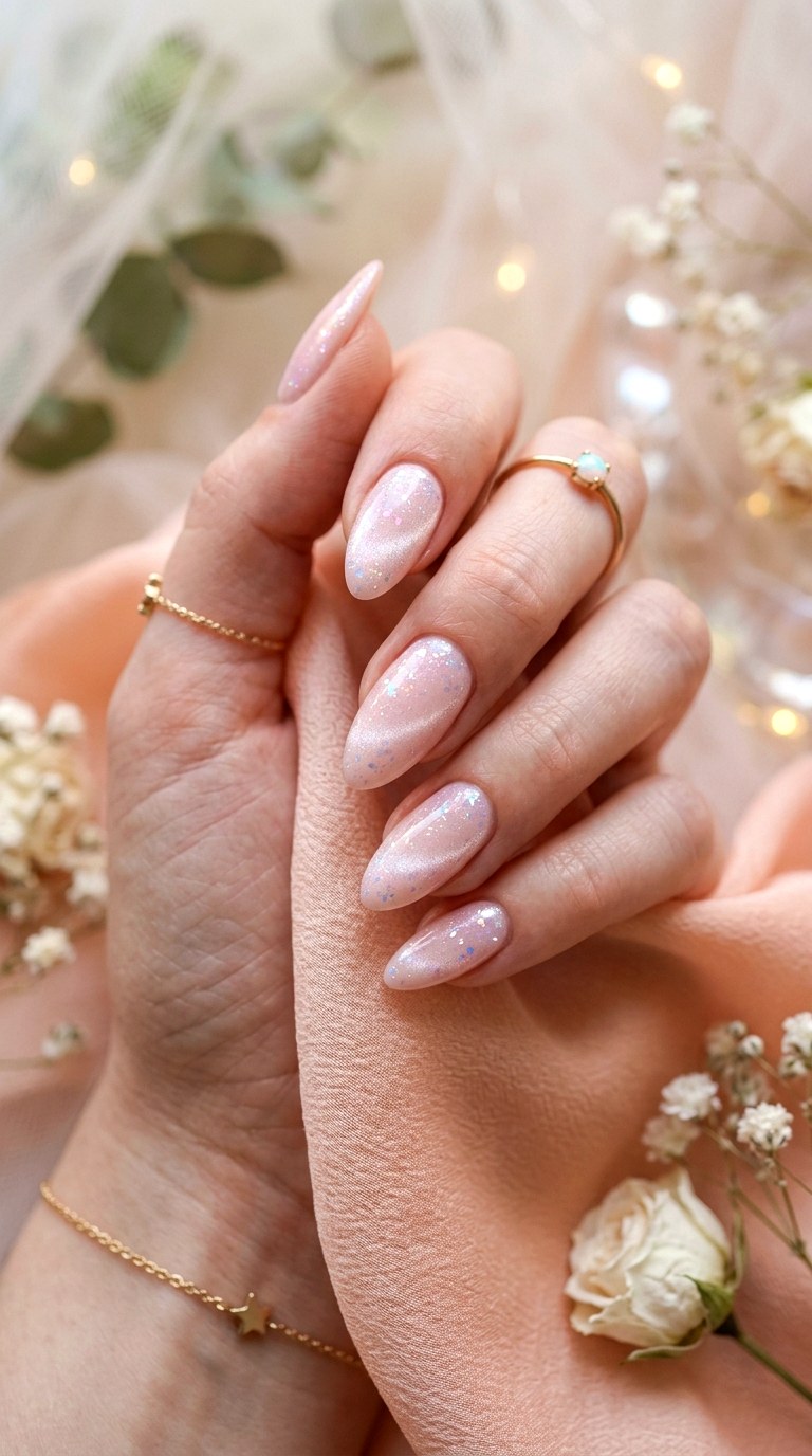 Pale Blush with Iridescent Glitter Flakes - 21 Summer Blush Cat Eye Nails with Glitter Ideas