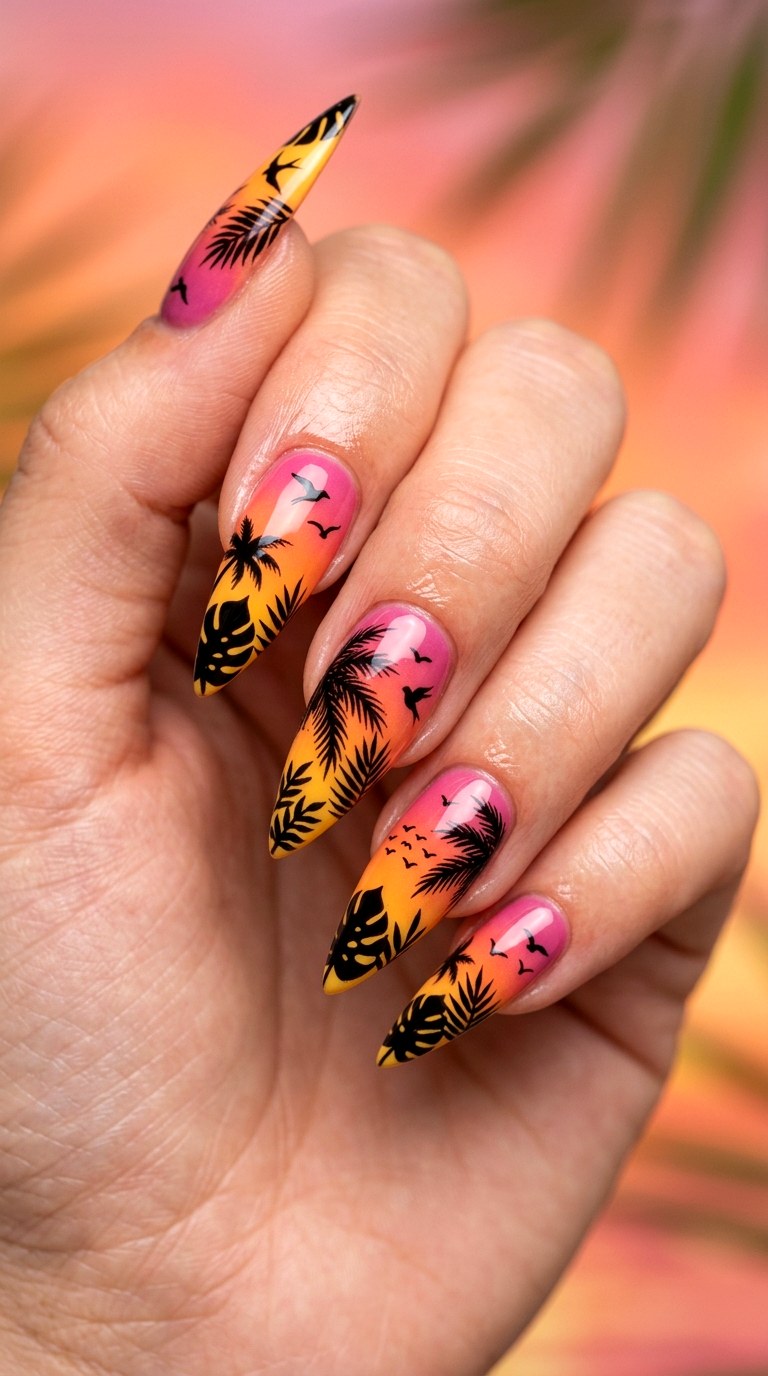 Palm Silhouette Sunset - 25 Spring Break Multicolor Acrylic Nails
