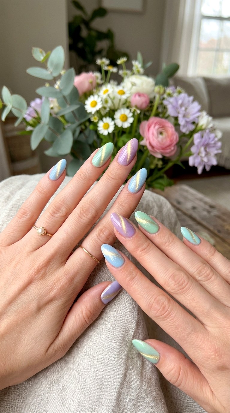 Pastel Base with Soft Gold Cat Eye Glow - 20 Spring Soft Gold Cat Eye Nails Ideas