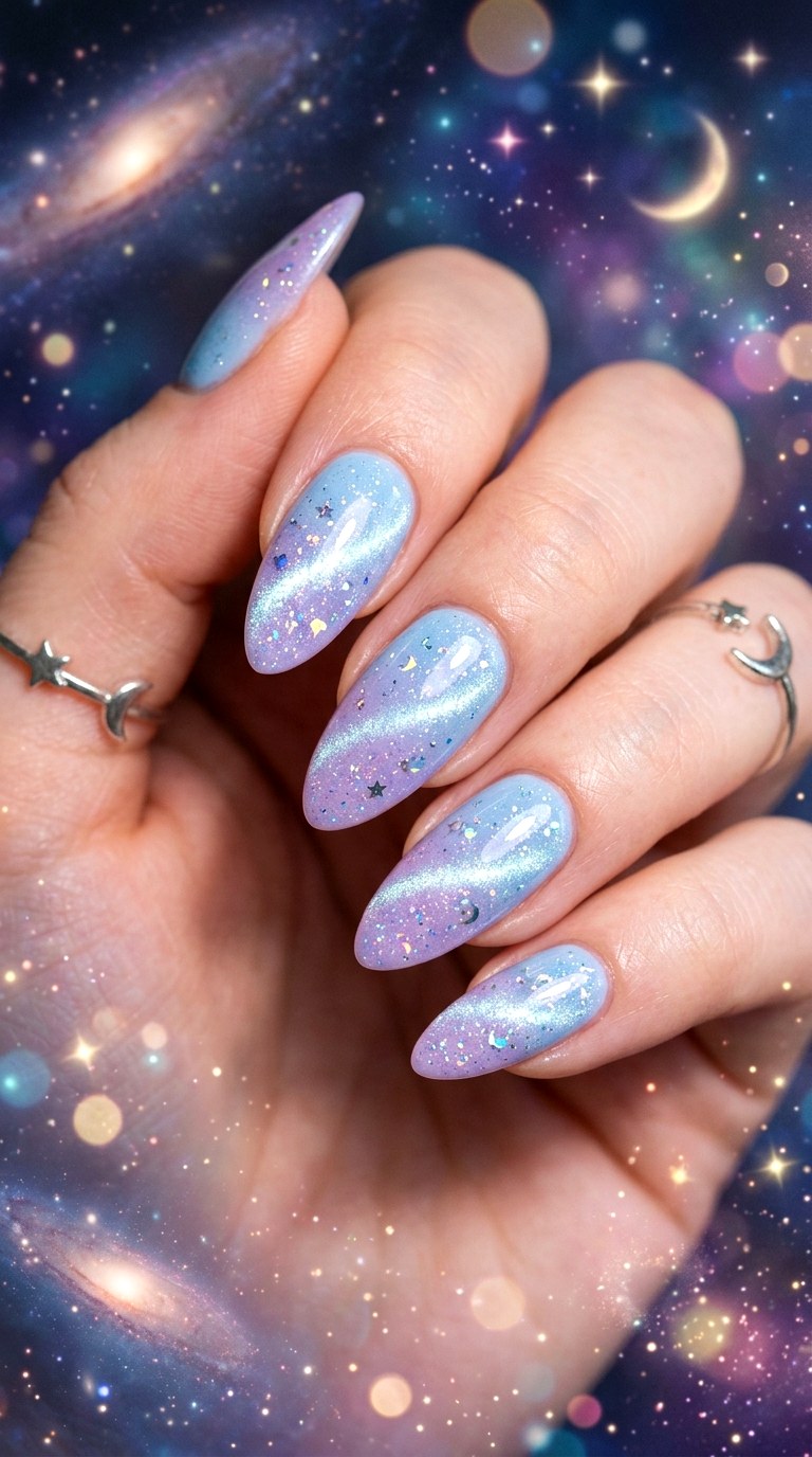 Pastel Blue to Lavender Galaxy Cat Eye Nails - 24 Summer Ombre Pastel Cat Eye Nails Ideas