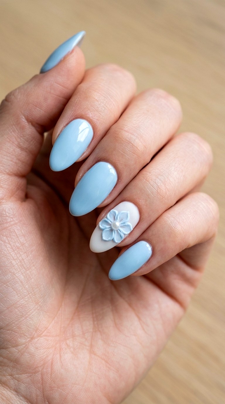 Pastel Blue with D Floral Art - 27 Graphic Spring Two Colored Nails