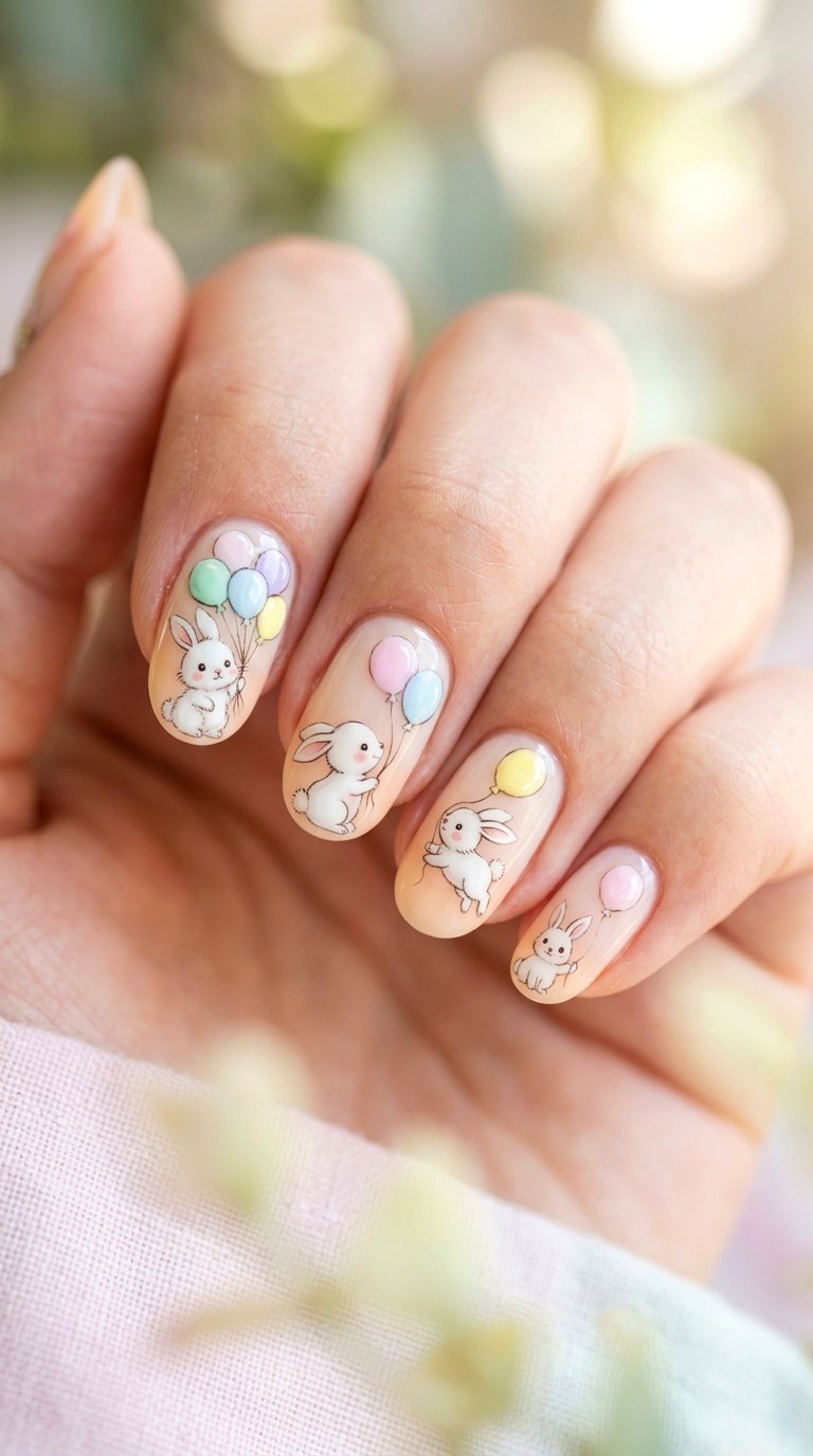 Pastel Bunny Balloon Nails - 26 Summer Pastel Bunny Cartoon Nail Ideas
