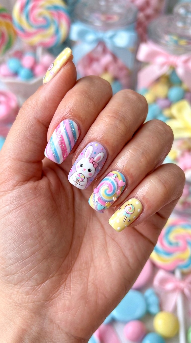 Pastel Bunny Candy Nails - 26 Summer Pastel Bunny Cartoon Nail Ideas