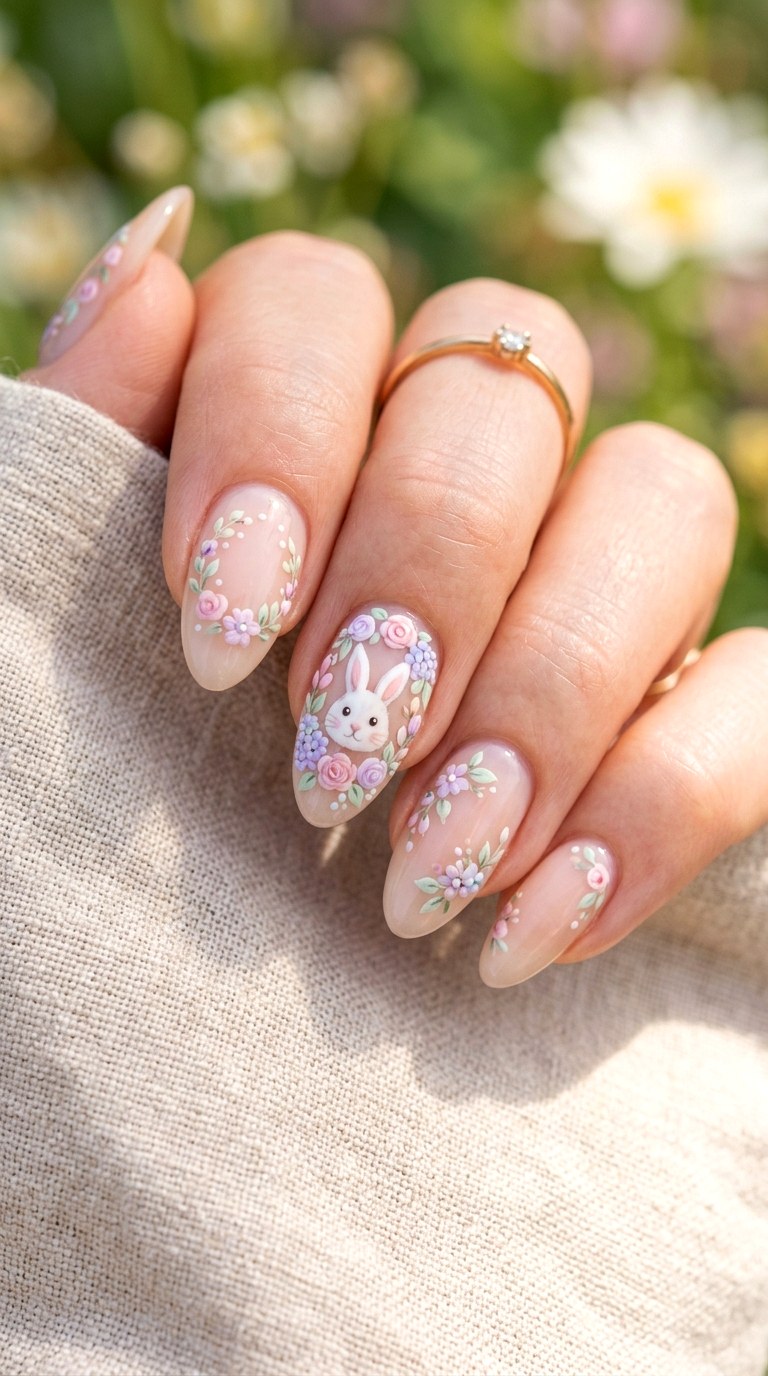 Pastel Bunny Floral Frame Nails - 26 Summer Pastel Bunny Cartoon Nail Ideas