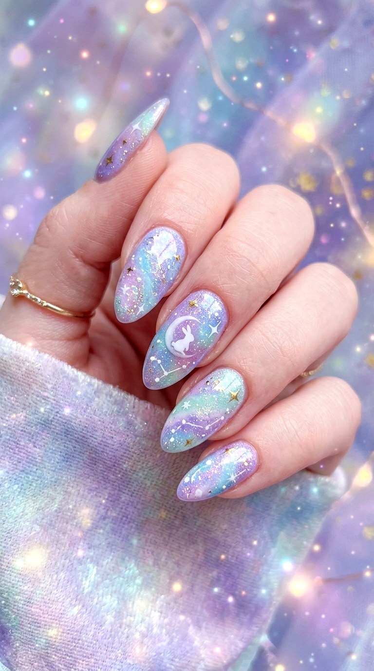 Pastel Bunny Galaxy Nails - 26 Summer Pastel Bunny Cartoon Nail Ideas