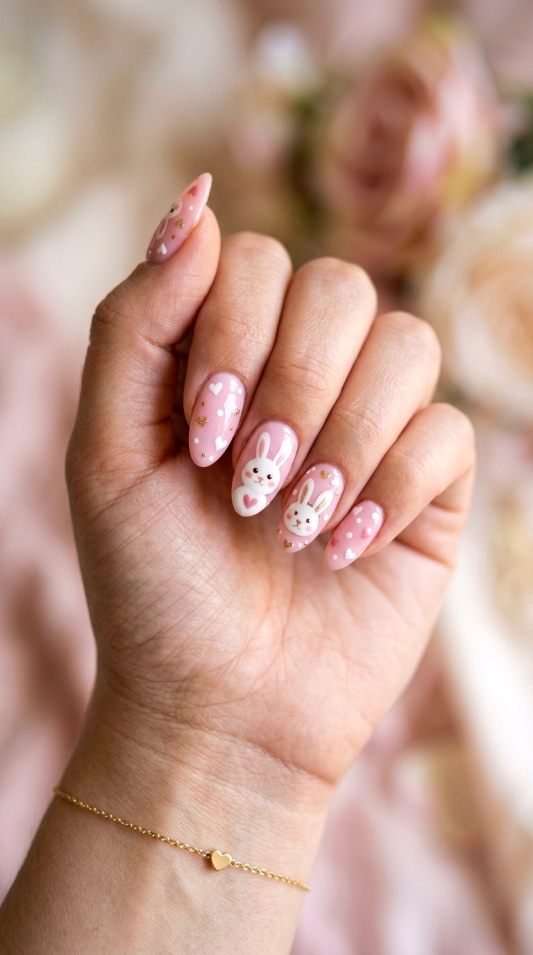 Pastel Bunny Heart Nails - 26 Summer Pastel Bunny Cartoon Nail Ideas