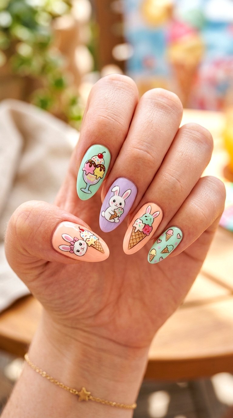Pastel Bunny Ice Cream Nails - 26 Summer Pastel Bunny Cartoon Nail Ideas