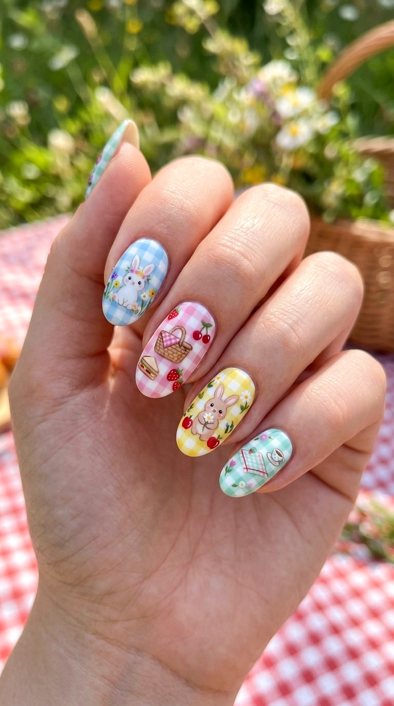 Pastel Bunny Picnic Nails - 26 Summer Pastel Bunny Cartoon Nail Ideas