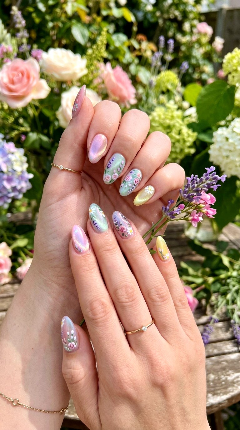 Pastel Cat Eye Nails with Floral Accents - 20 Spring Pastel Rainbow Cat Eye Nails Ideas