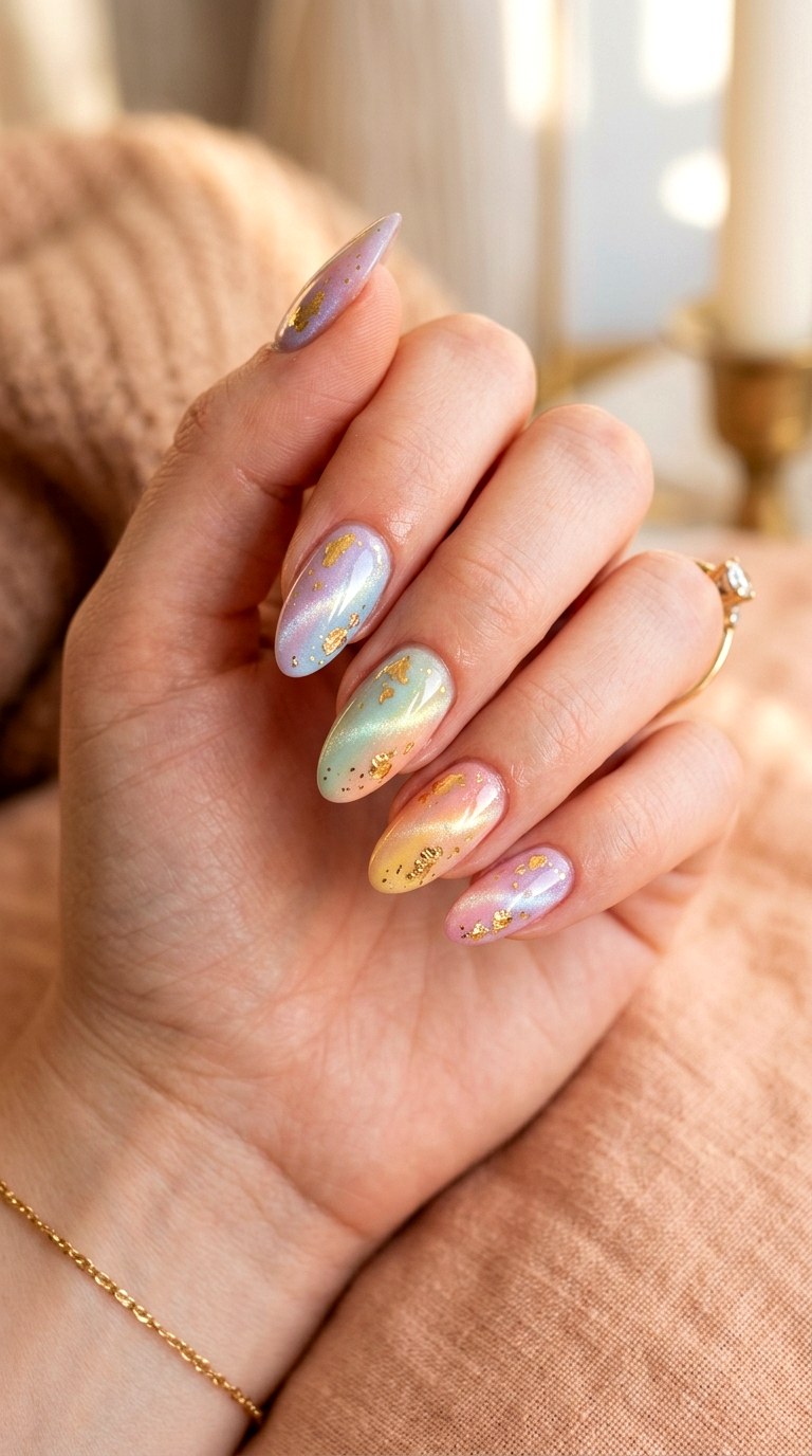 Pastel Cat Eye Nails with Gold Foil - 20 Spring Pastel Rainbow Cat Eye Nails Ideas