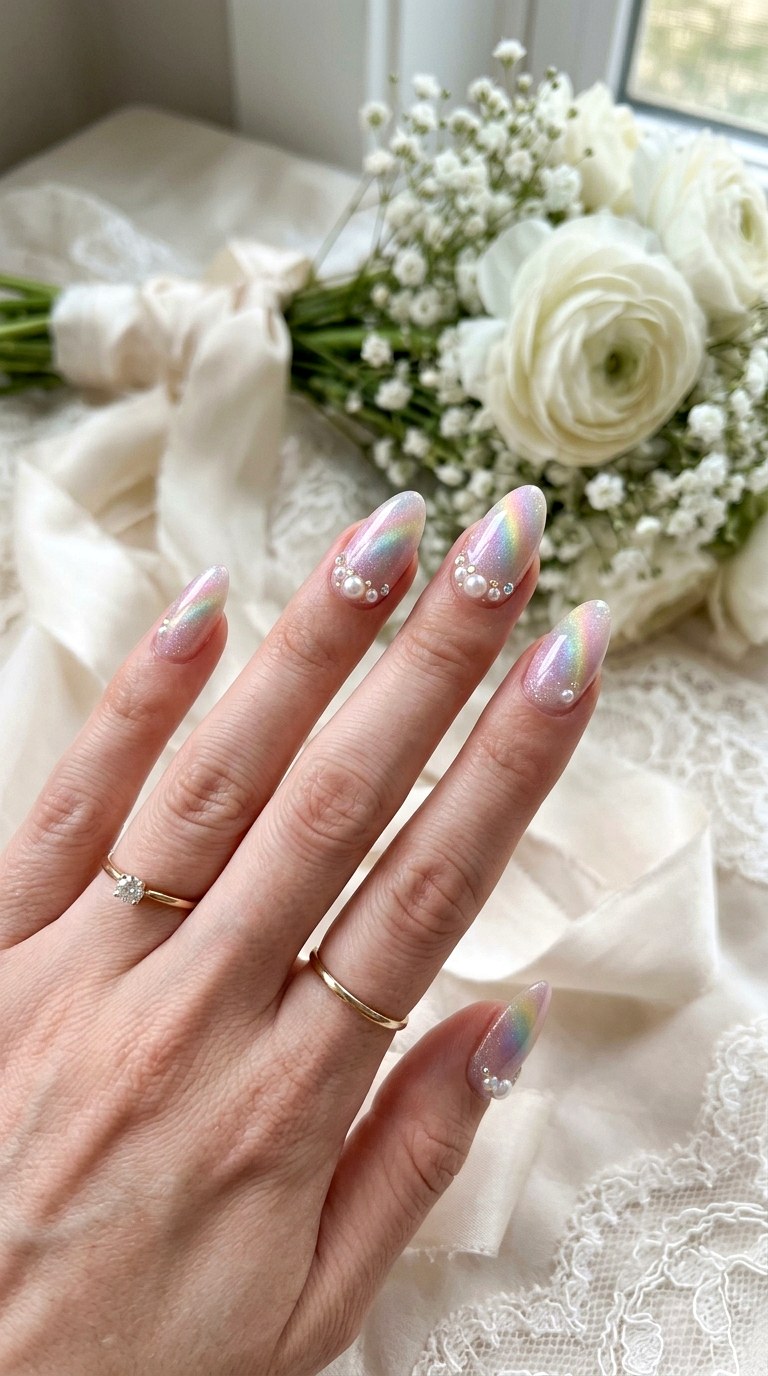 Pastel Cat Eye Nails with Pearl Accents - 20 Spring Pastel Rainbow Cat Eye Nails Ideas