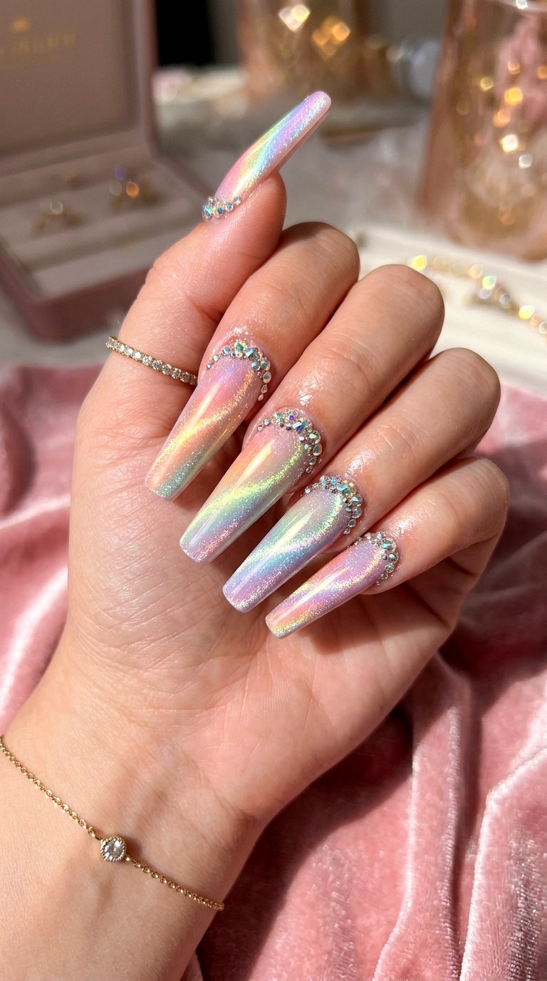 Pastel Cat Eye Nails with Rhinestones - 20 Spring Pastel Rainbow Cat Eye Nails Ideas