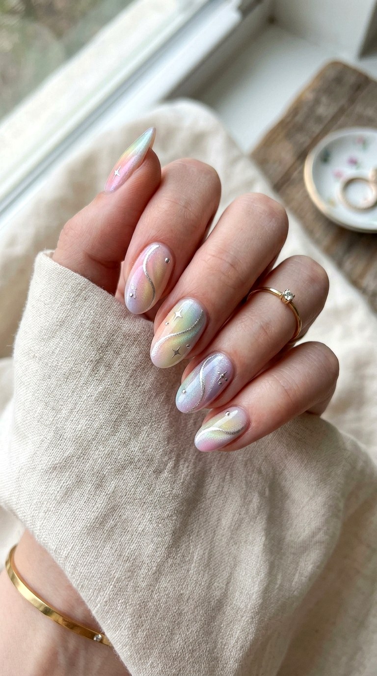 Pastel Cat Eye Nails with Silver Shimmer Lines - 20 Spring Pastel Rainbow Cat Eye Nails Ideas