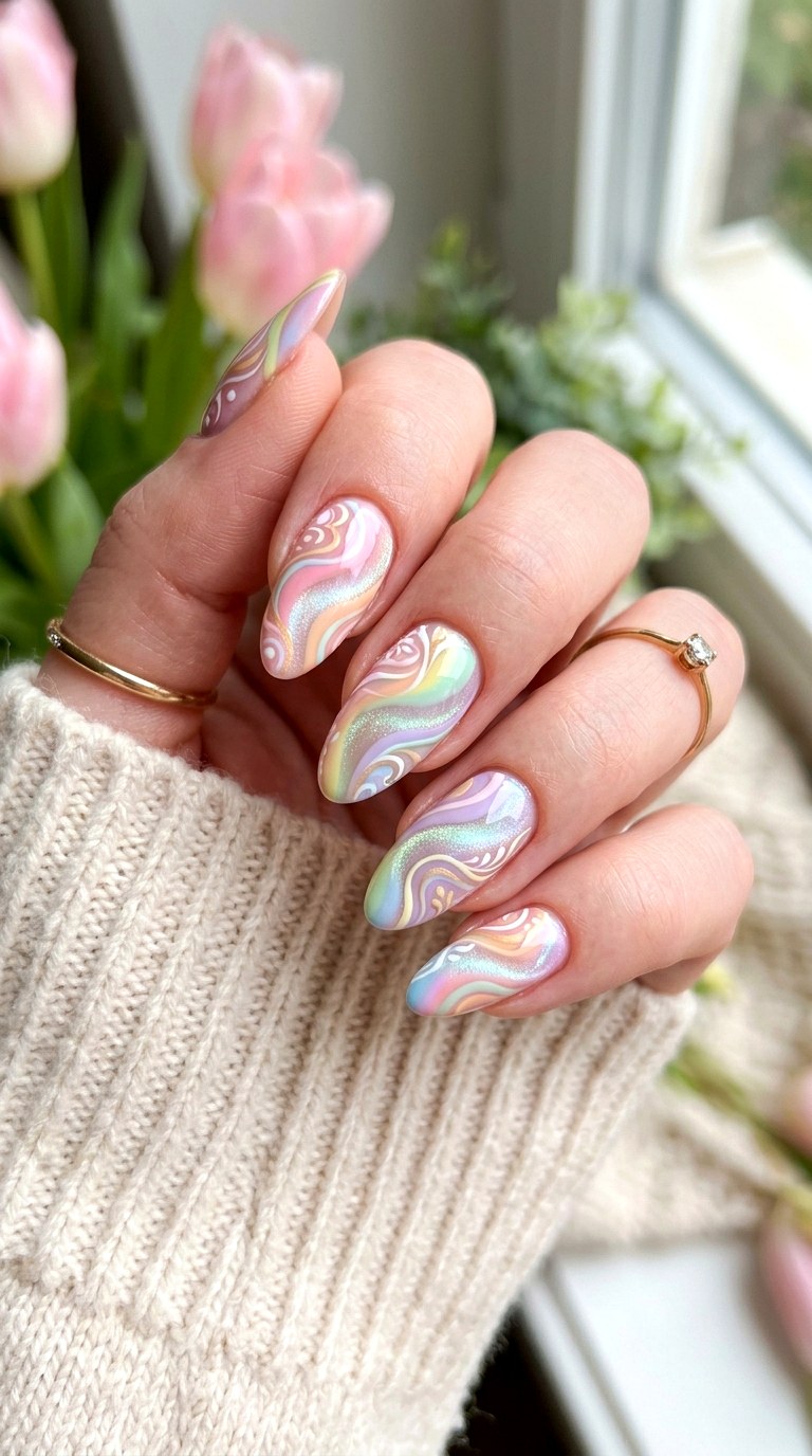 Pastel Cat Eye Nails with Swirl Designs - 20 Spring Pastel Rainbow Cat Eye Nails Ideas