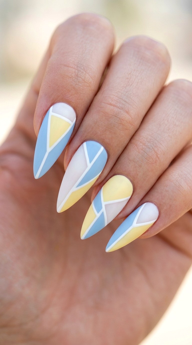 Pastel Color Block Geometry - 28 Sharp Spring Stiletto Nails